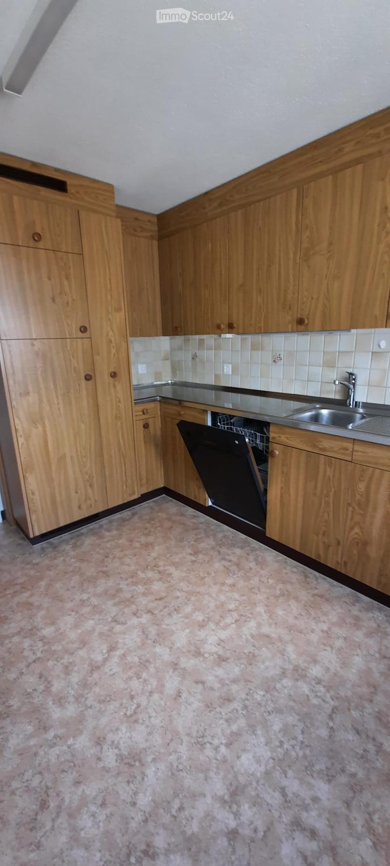 Empty kitchen with wooden cabinets, stainless steel sink, and dishwasher. Light-colored tiled backsplash and beige carpeted floor.
