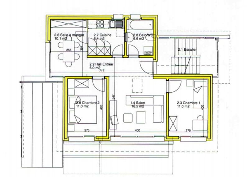 Floor plan of a 2-story house with labeled rooms including living room, kitchen, bedrooms, bathrooms, and entrance hall.