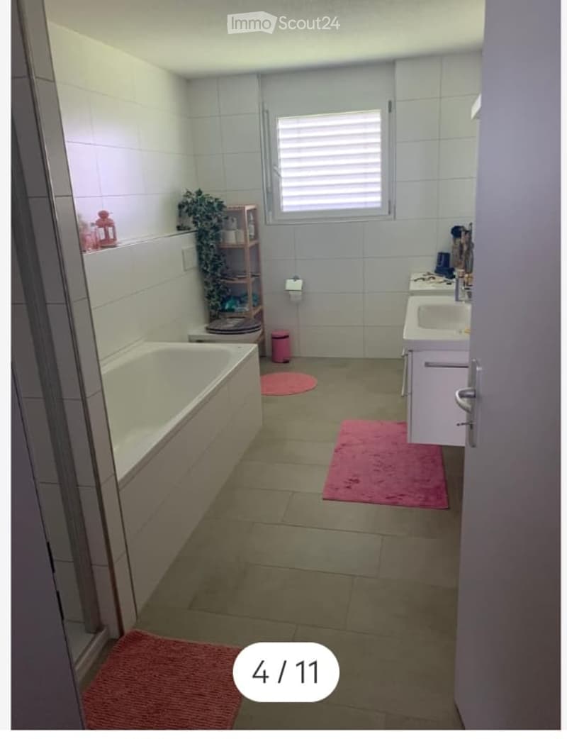 Bathroom with a bathtub, sink, toilet, and a small plant on a shelf. Pink rugs are placed on the floor, and a window with blinds provides natural light.