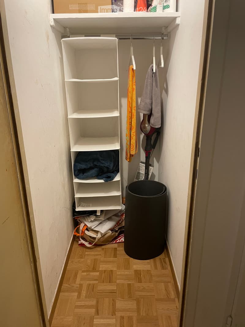 A narrow hallway with wooden flooring, white walls, and a small closet with shelves and hanging space. Visible items include a vacuum cleaner, a trash bin, and some folded clothes.