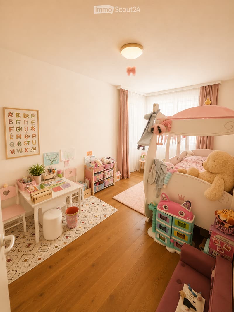 A well-lit children's bedroom with a bunk bed, a small sofa, a desk with a chair, a storage unit, and various toys including a toy house and a toy car. The room features wooden flooring, a patterned rug, and decorative elements like picture frames and a p