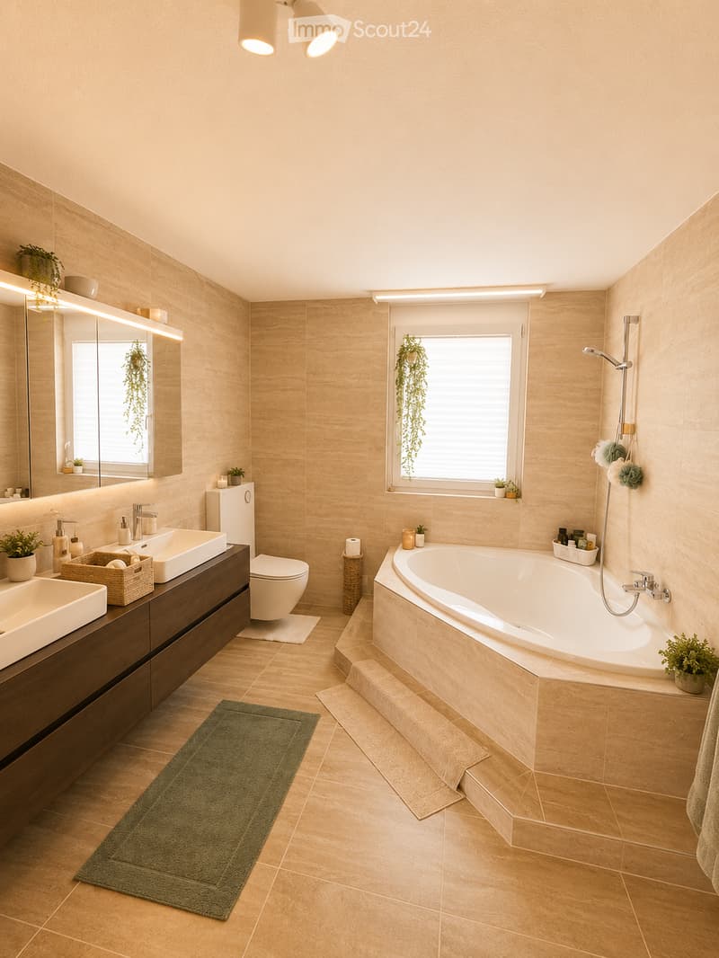 Modern bathroom with beige tiles, a large bathtub, a toilet, a double sink vanity, and a large mirror. The space includes a showerhead, a green bath mat, and small decorative plants.