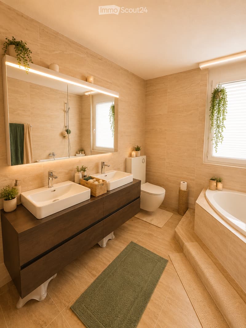 Modern bathroom with beige tiles, double sink vanity, bathtub, toilet, large mirror with LED lighting, and decorative plants.