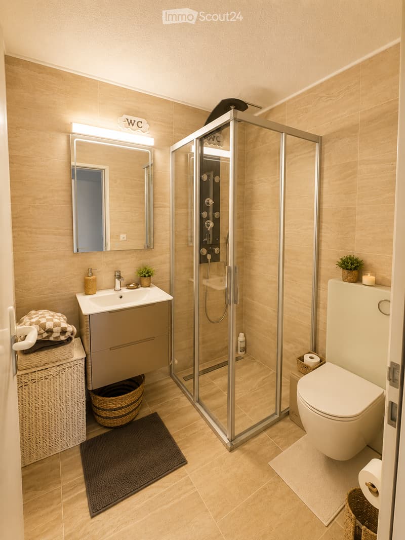 Modern bathroom with light wood tiles, a glass-enclosed shower, a white toilet, a sink with a mirror, and decorative elements like a wicker basket and a small plant.