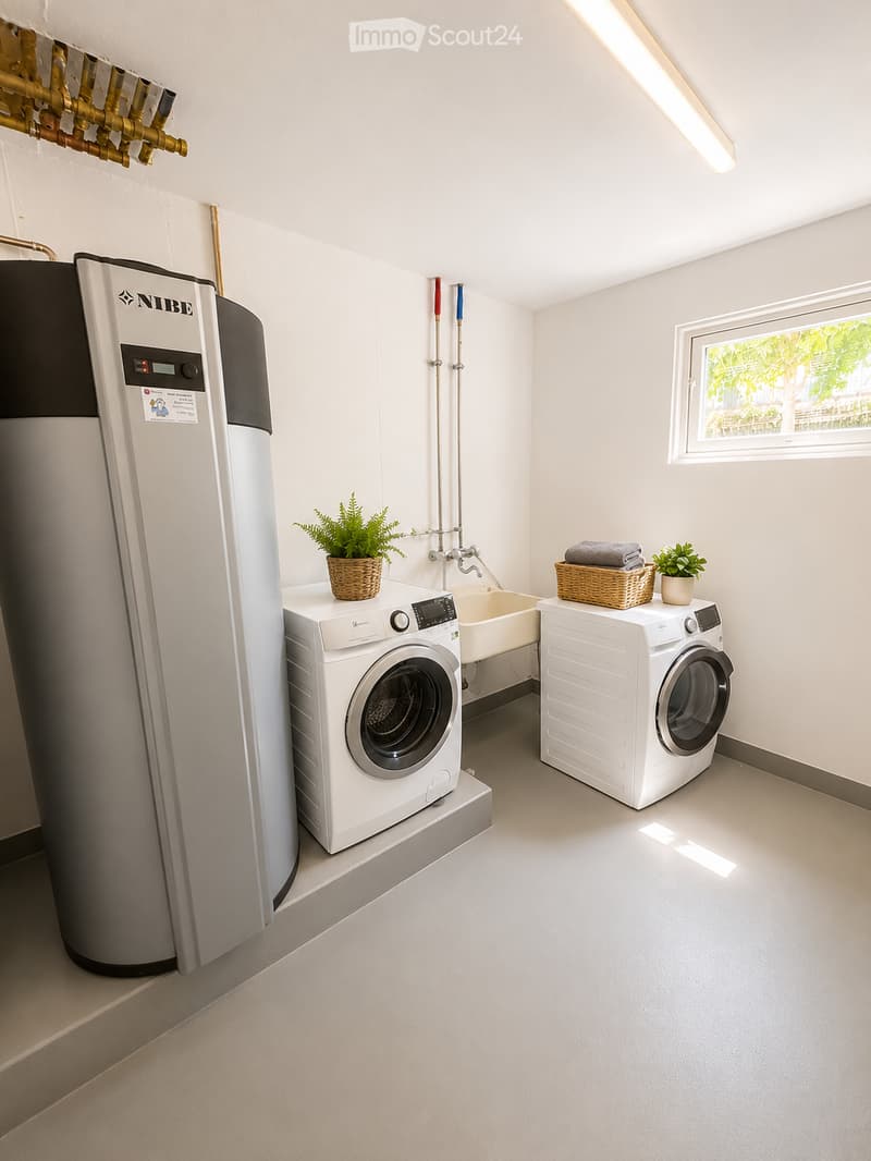 Modern, well-lit laundry room with white walls, a washing machine, a dishwasher, a water tank, a sink, and decorative plants in wicker baskets.