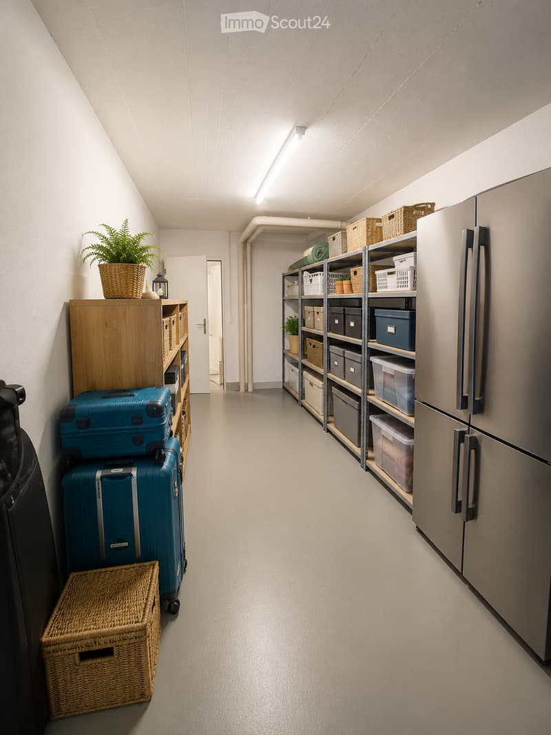 A well-lit hallway with storage shelves on both sides, containing baskets, boxes, and a refrigerator. There are also suitcases and a wicker basket on the floor.