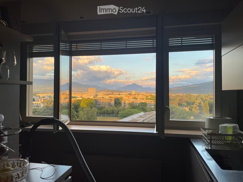 Modern kitchen with large windows offering a scenic view of the city and mountains. Visible items include a sink, dish rack, cup, bowl, and vacuum cleaner.