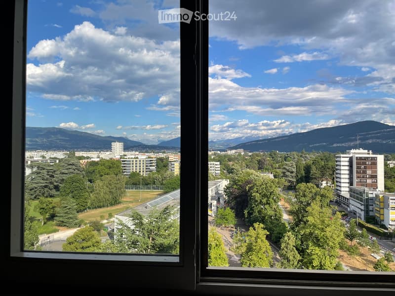 View from a window showing a cityscape with buildings, trees, and distant mountains under a partly cloudy sky.