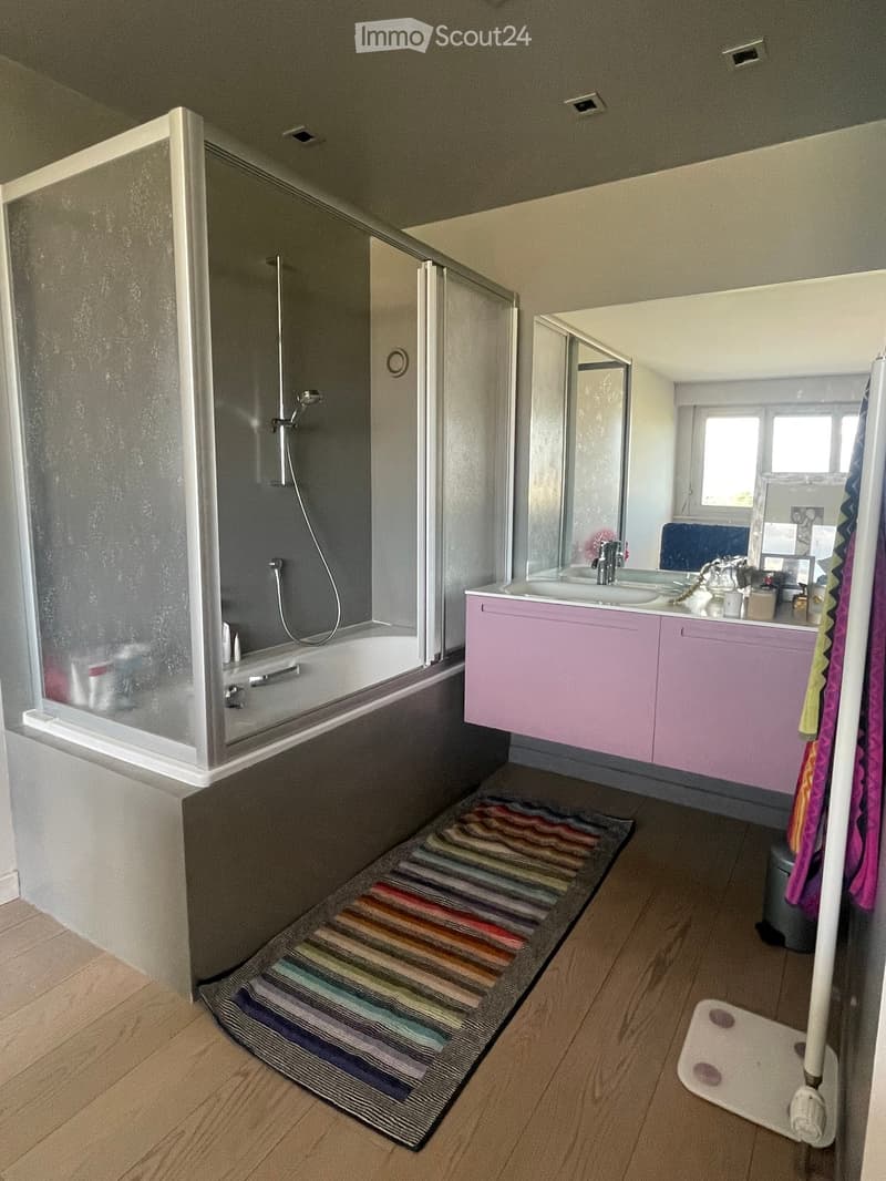 Modern bathroom with a bathtub, glass shower enclosure, pink vanity cabinet, sink, mirror, and colorful bathroom rug.