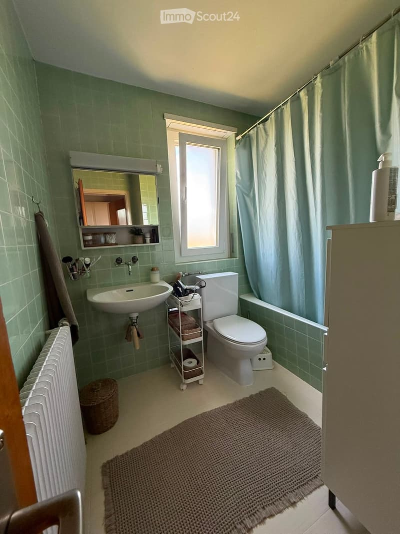 Bathroom with green tiled walls, white fixtures, a sink, toilet, mirror, radiator, and a wicker basket. A shower curtain is visible, and a bathroom rug is on the floor.