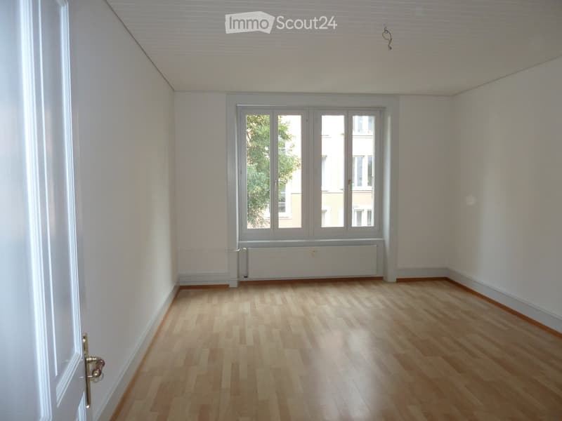 Empty room with wooden flooring, white walls, large window with multiple panes, radiator below the window, and a door with a brass handle on the left side.