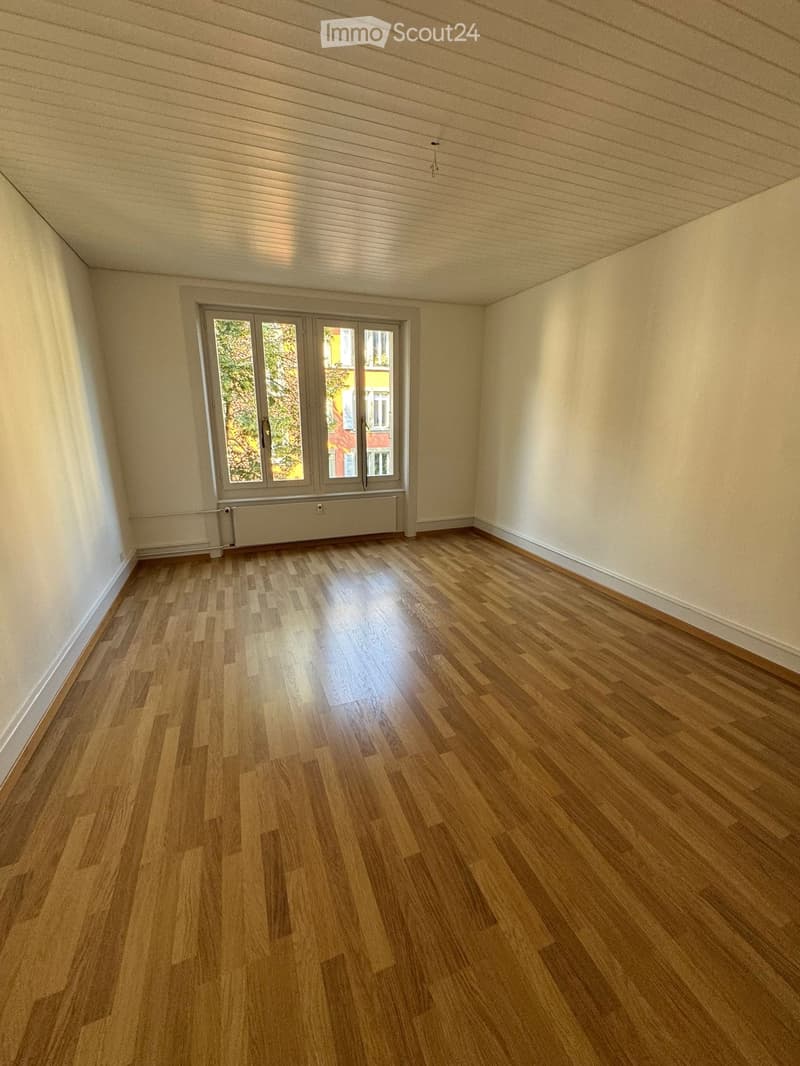 Empty room with wooden flooring, white walls, and a large window with a radiator below it.