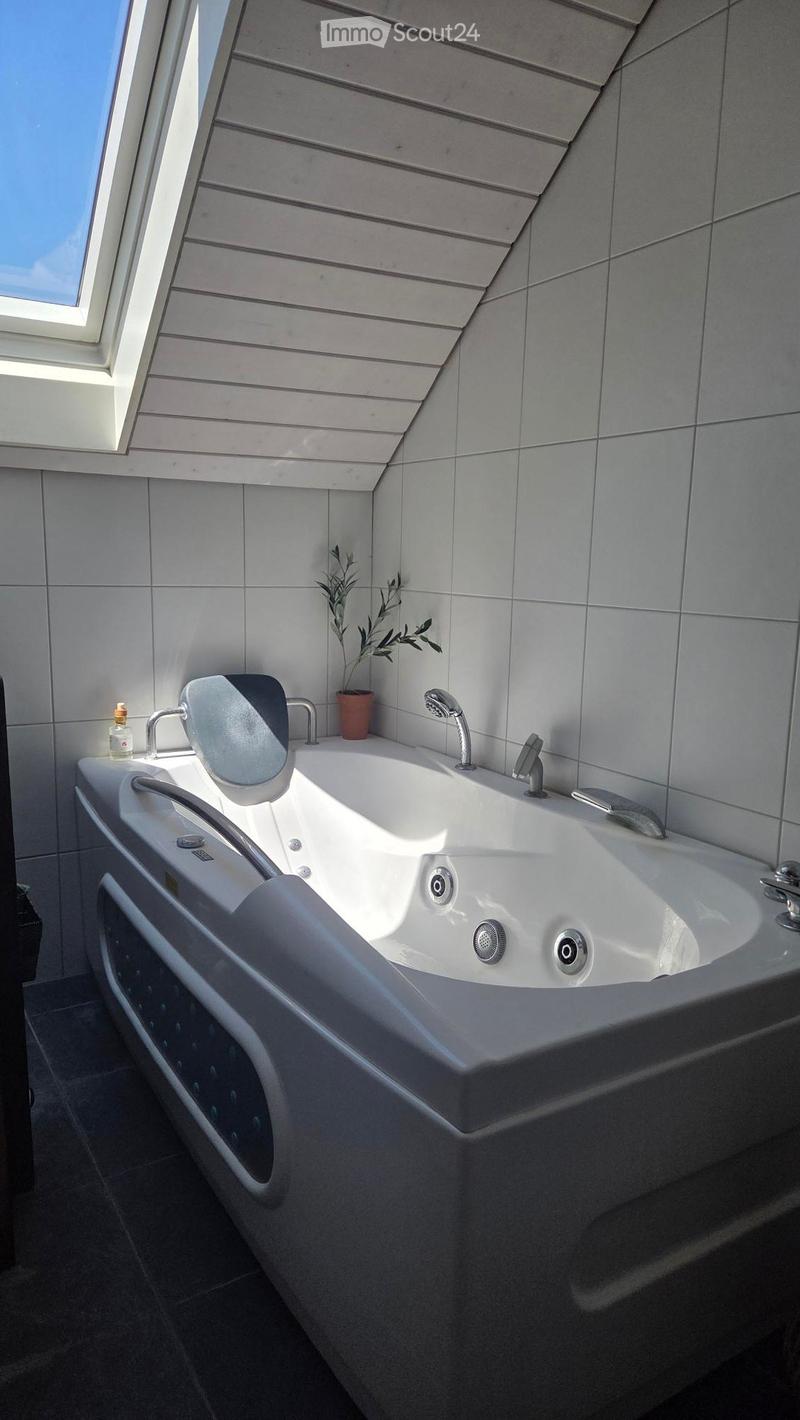 Modern bathroom with a large, sleek bathtub, multiple faucets, a small potted plant, and a bottle on the edge of the tub.