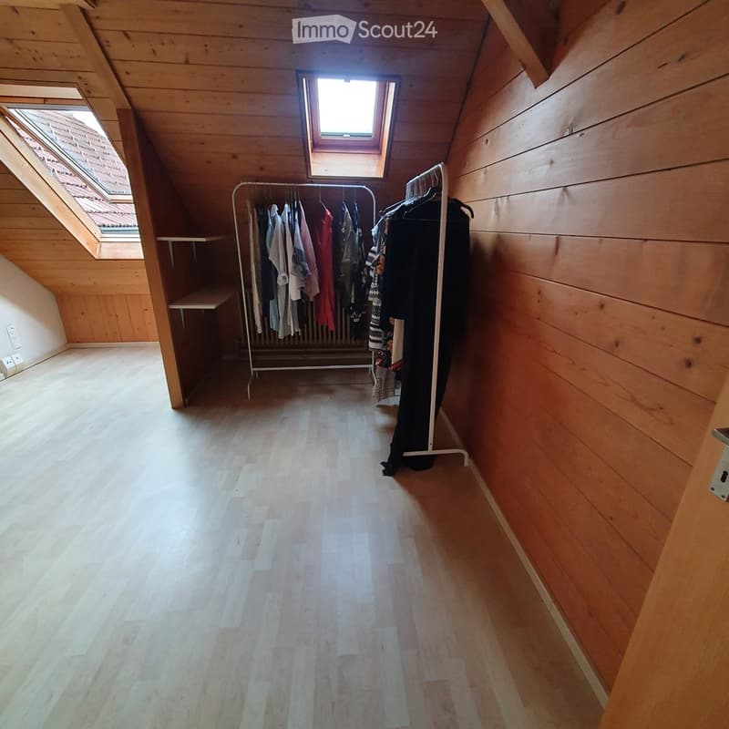 Attic room with wooden walls and floor, skylight windows, clothing rack with hanging clothes, and a small shelf.