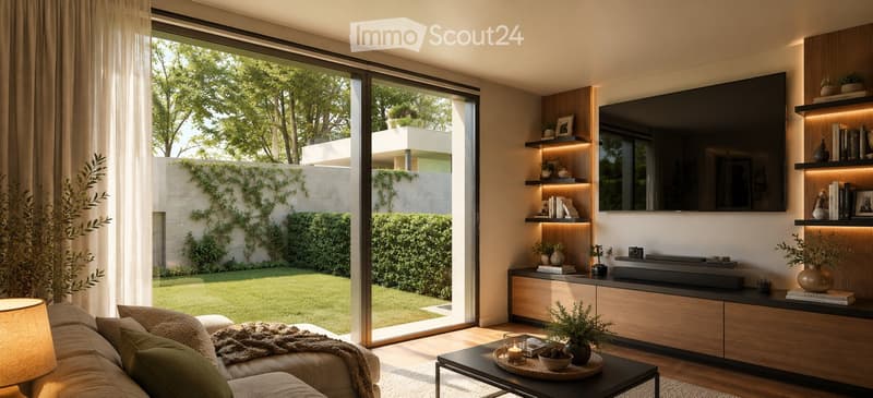 Modern living room with large windows, a sectional sofa, coffee table, TV, shelves, and decorative items.