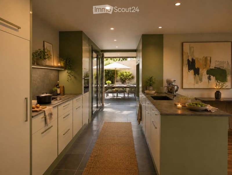 Modern kitchen with white and green cabinets, stainless steel appliances, island with sink, and a view to an outdoor dining area with a table, chairs, and umbrella.