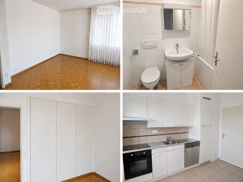 Four images showing an unfurnished room, a bathroom, a closet, and a kitchen, all with white walls and minimal furnishings.