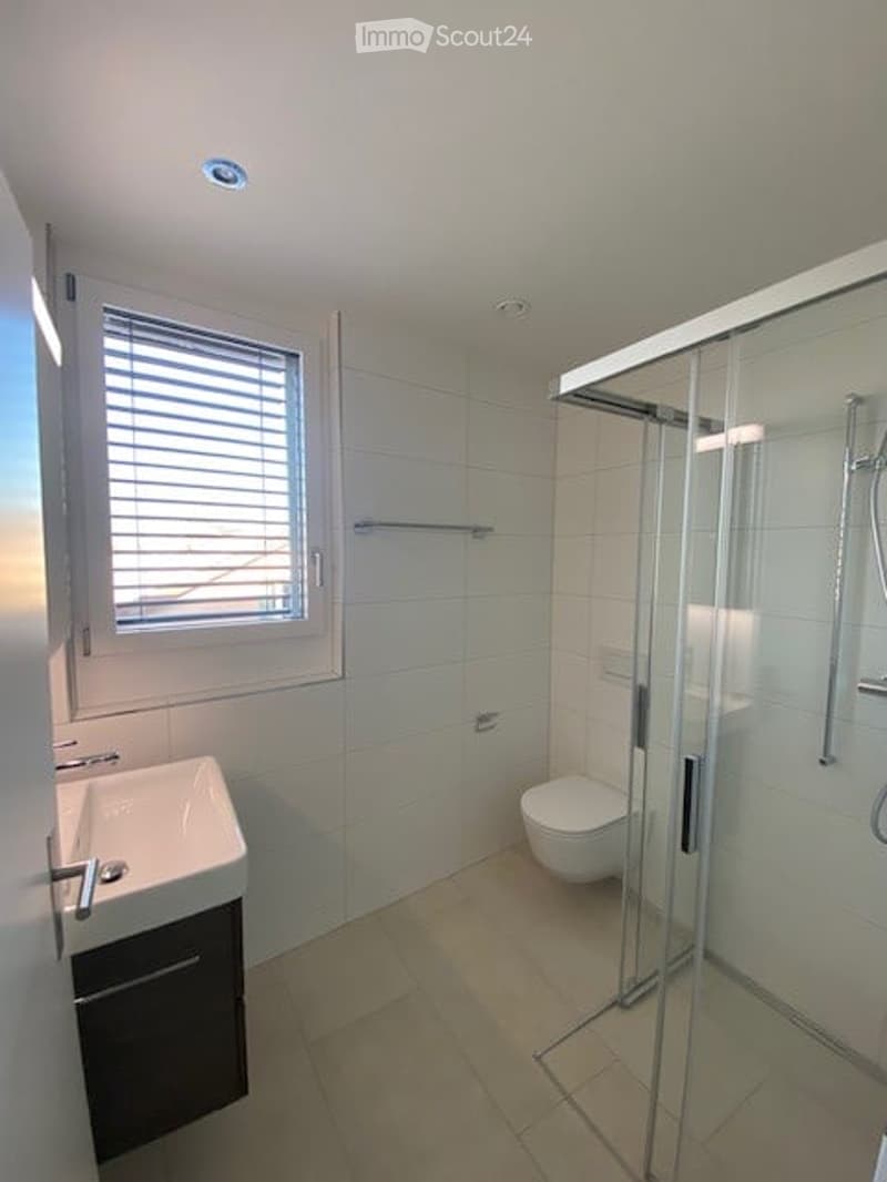 Modern bathroom with white tiles, a glass-enclosed shower, a toilet, and a sink with a dark cabinet.