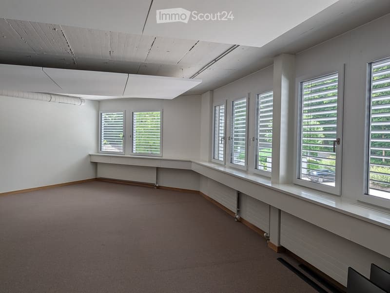 Empty room with white walls, large windows with blinds, and a carpeted floor. No furniture or equipment is present.