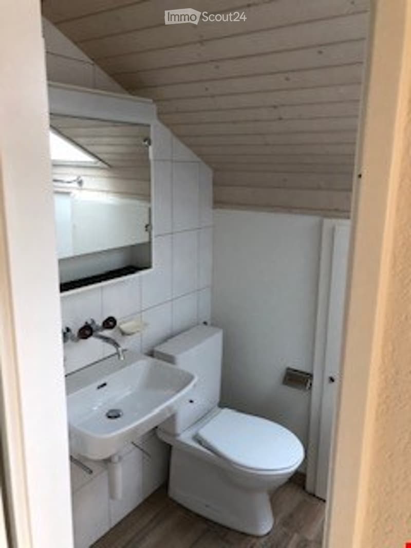 Compact bathroom with a wooden ceiling, white tiled walls, a sink with a mirror, and a toilet.