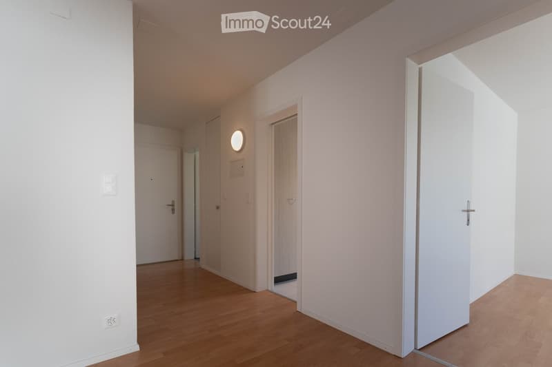 Bright, minimalist hallway with light wooden flooring, white walls, and several closed doors leading to other rooms.