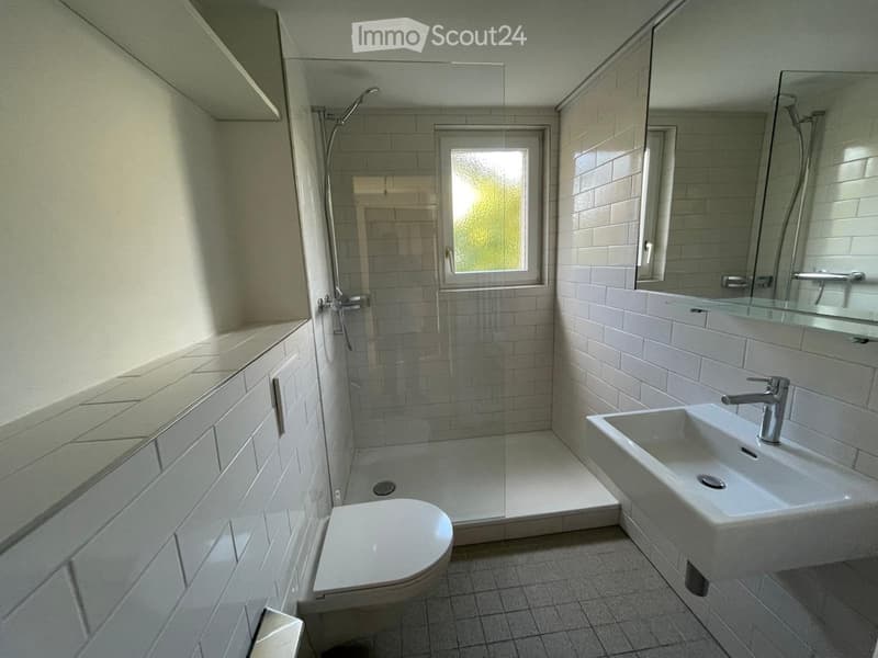 Modern bathroom with white tiles, a toilet, a sink with a mirror, and a glass-enclosed shower area.