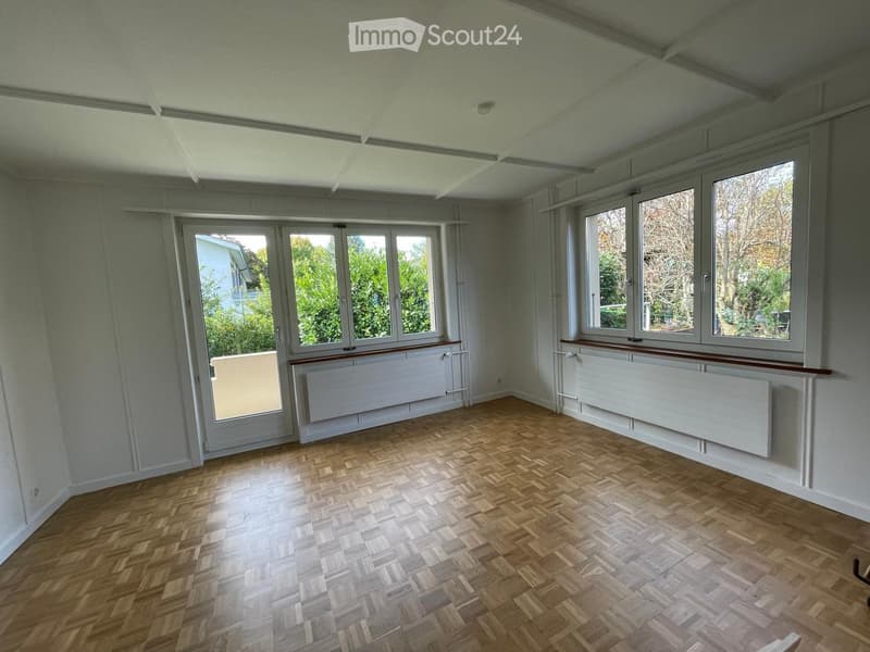 Empty room with wooden herringbone flooring, large windows, and radiators beneath the windows.