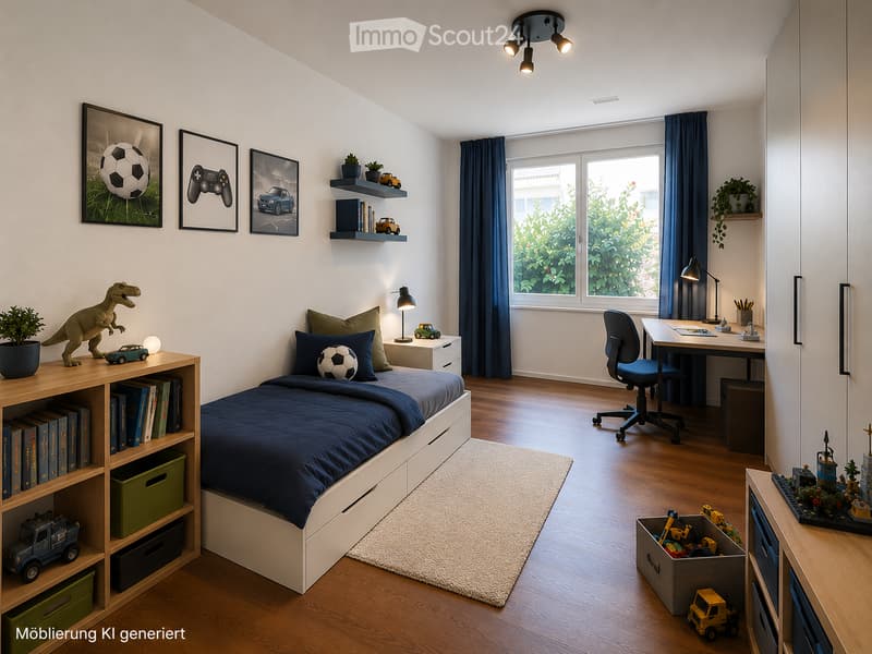 Modern, well-lit bedroom with a single bed, desk, bookshelf, and various toys and decor items. Features large windows with blue curtains and a view of greenery outside.