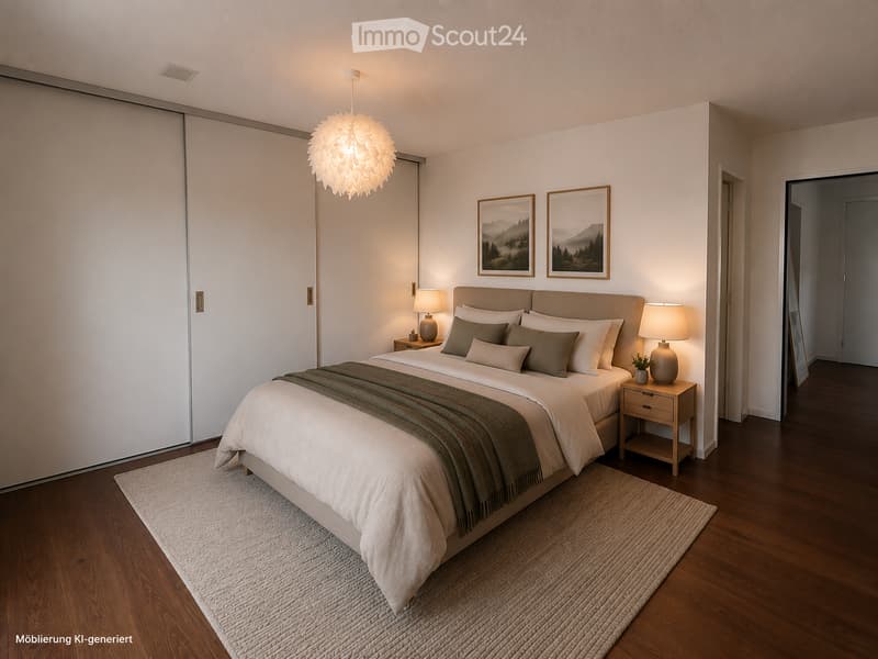 Modern bedroom with a large bed, nightstands, lamps, and artwork on the wall.