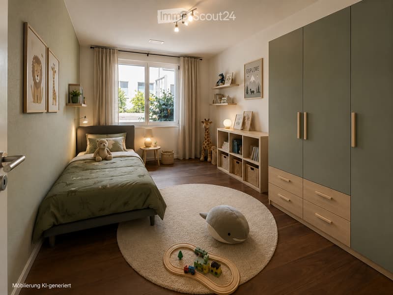 A well-lit children's bedroom with a bed, nightstand, bookshelf, and various toys including a train set and stuffed animals.