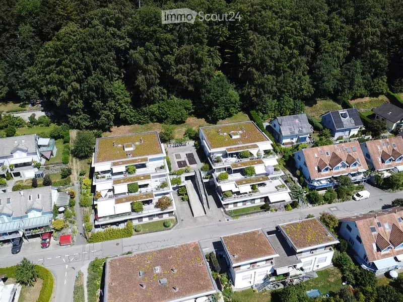 Aerial view of a residential area with multiple apartment buildings featuring green roofs, surrounded by trees and other houses.