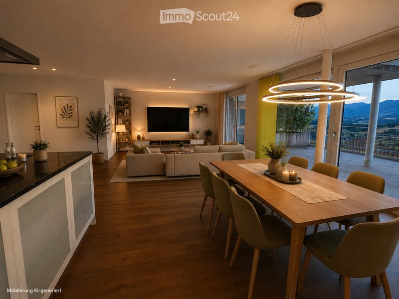 Modern open-plan living and dining area with wooden flooring, large windows offering a scenic view, a sofa set, a dining table with chairs, a television, and decorative plants.