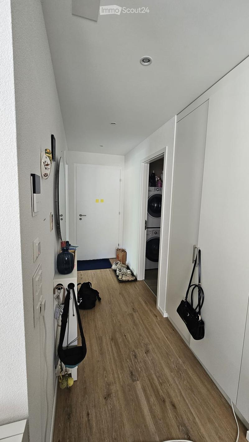 A narrow hallway with wooden flooring, white walls, and a slanted ceiling. A washing machine is visible in an open doorway, along with shoes, bags, and a coat rack with hanging items.