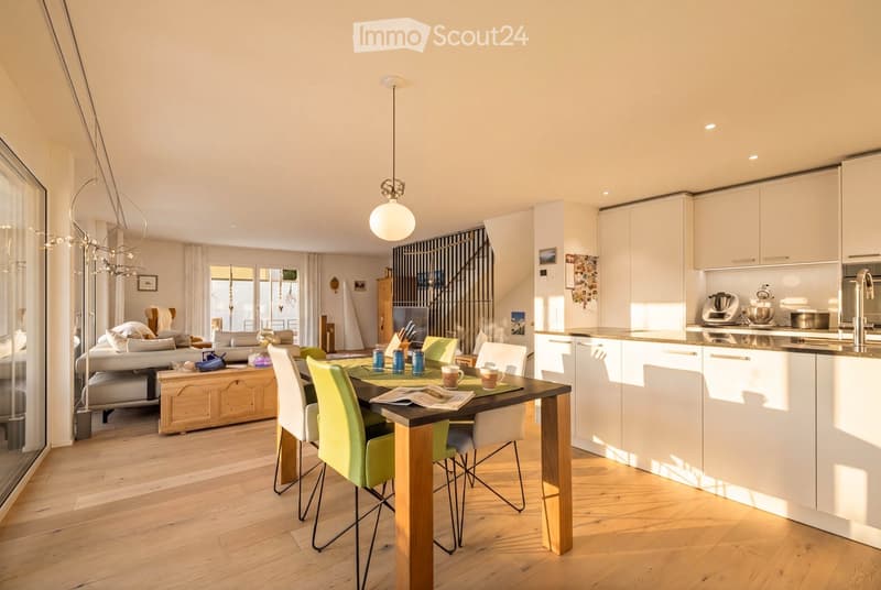 Open-plan living and dining area with a modern kitchen, featuring a sofa, coffee table, dining table with chairs, and various kitchen appliances.