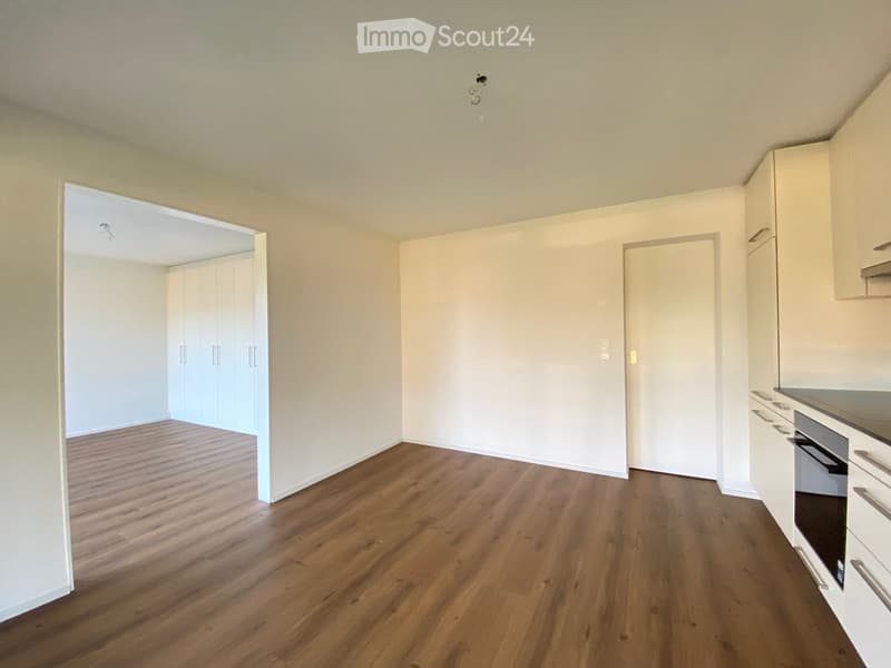 Empty room with wooden flooring, white walls, and built-in cabinets. No furniture or appliances present.