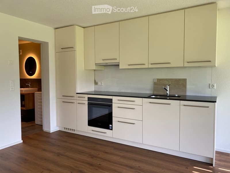 Modern kitchen with white cabinets, black countertop, built-in oven, and stainless steel sink.