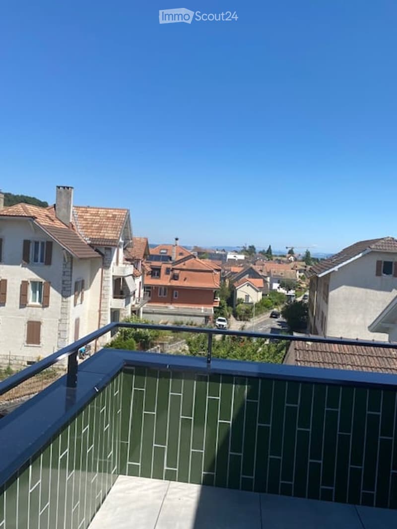 Balcony with green tiled walls, metal railing, overlooking a residential neighborhood with houses and a clear blue sky.