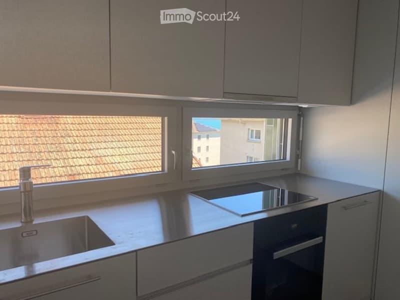 Modern kitchen with sleek, grey cabinets, a stainless steel sink, an induction cooktop, and an oven. Large windows provide natural light and a view of the roof.