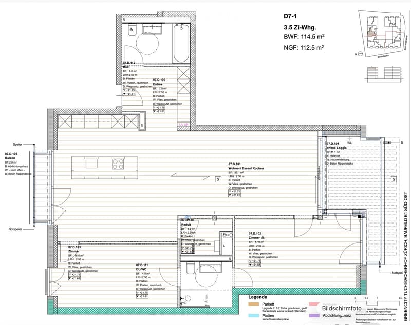 Floor plan of a 3.5-room apartment with labeled rooms including living/dining/kitchen, bedrooms, bathroom, and balcony.