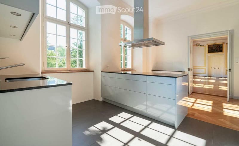 Modern kitchen with white cabinets, stainless steel sink, range hood, and large windows allowing natural light to fill the space.