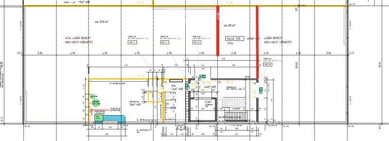 Floor plan of a multi-story building with labeled rooms and dimensions, including a hall, storage area, and technical room.