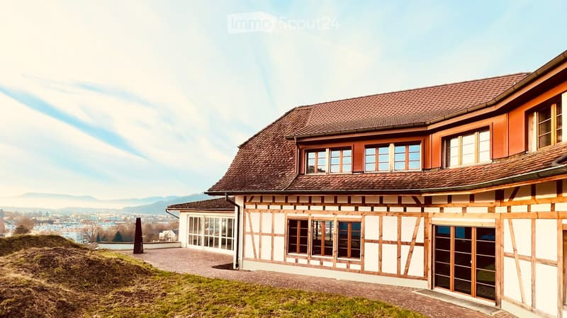 Timber-frame house, brown roof, white and brown wall, several windows, brick walkway, view of surrounding area