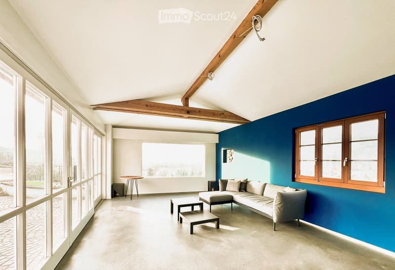 open space, large windows, blue wall, light-colored floor, modern couch, two tables, natural light