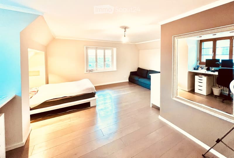 Single bed, hardwood floor, white walls, blue sofa, mirror, large window, desk, computer, radiator