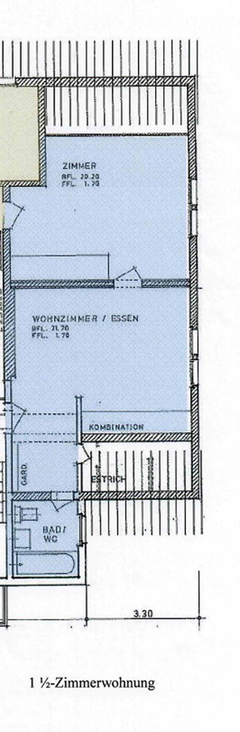 Floor plan of a 1.5-room apartment with a bedroom, living/dining area, combined kitchen, hallway, and bathroom.