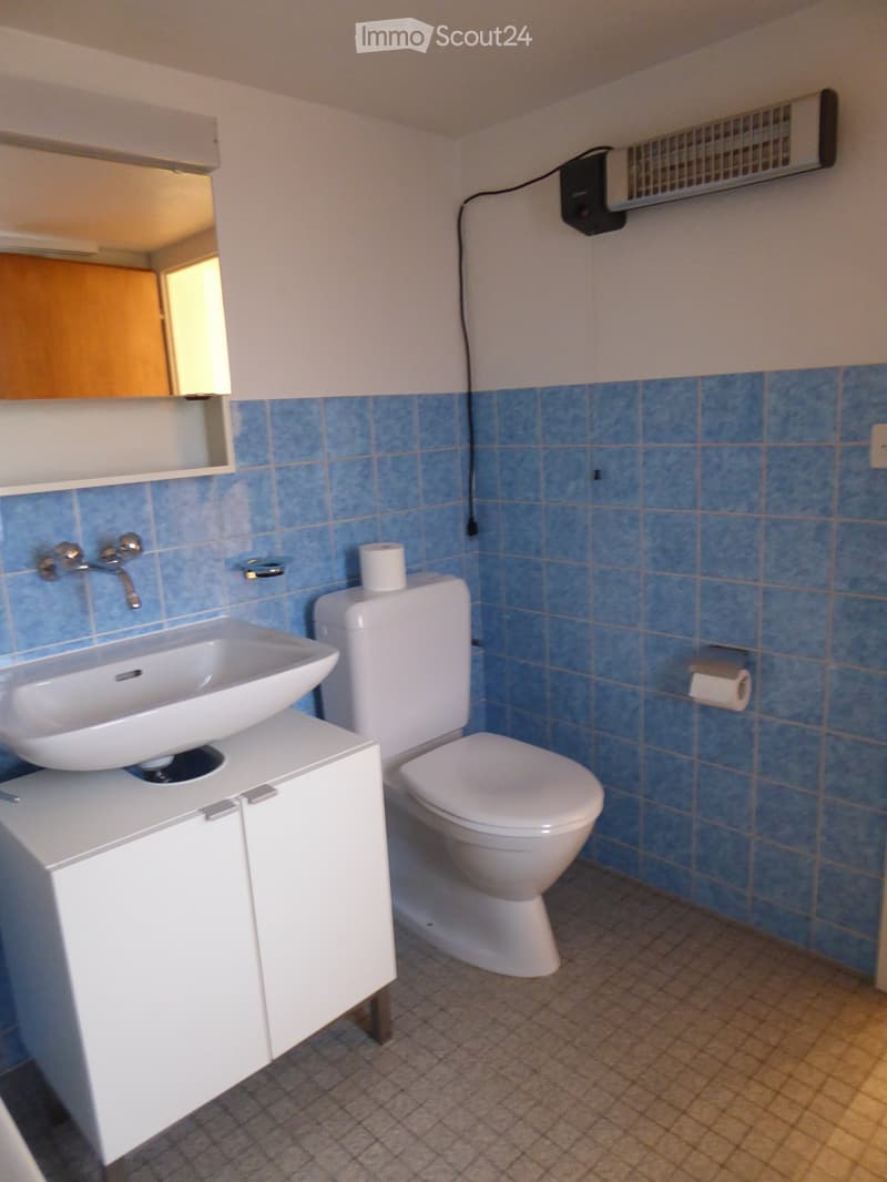 Bathroom with blue tiled walls, white sink, toilet, mirror, and cabinet.
