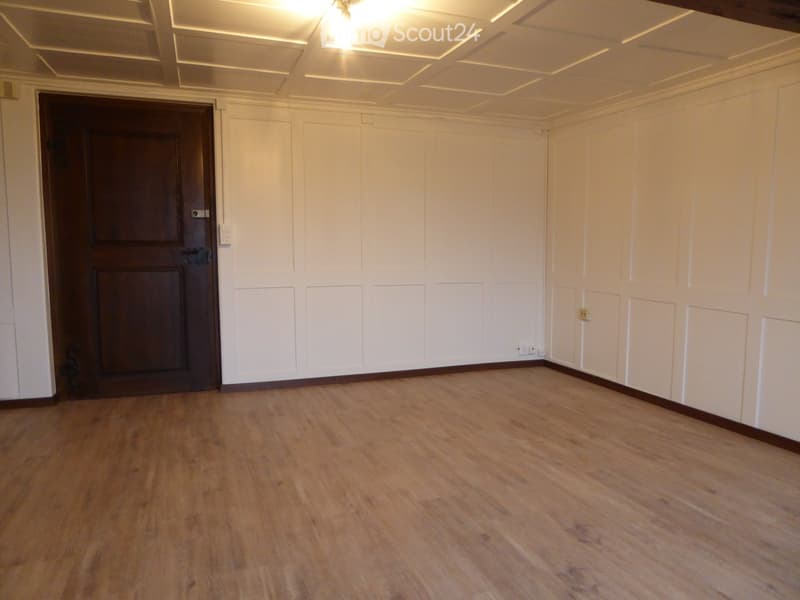 Empty room with light wooden flooring, white paneled walls, and a dark wooden door leading to another space.