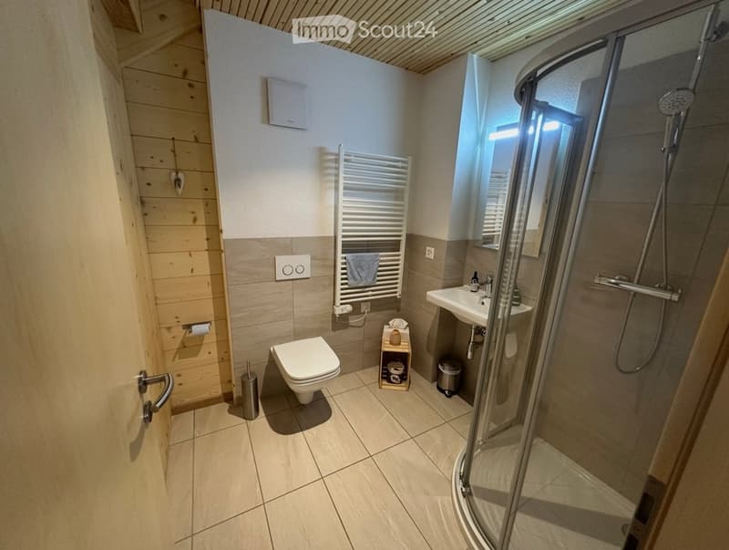Bathroom with toilet, sink, shower, towel rack, wooden wall, tiled floor