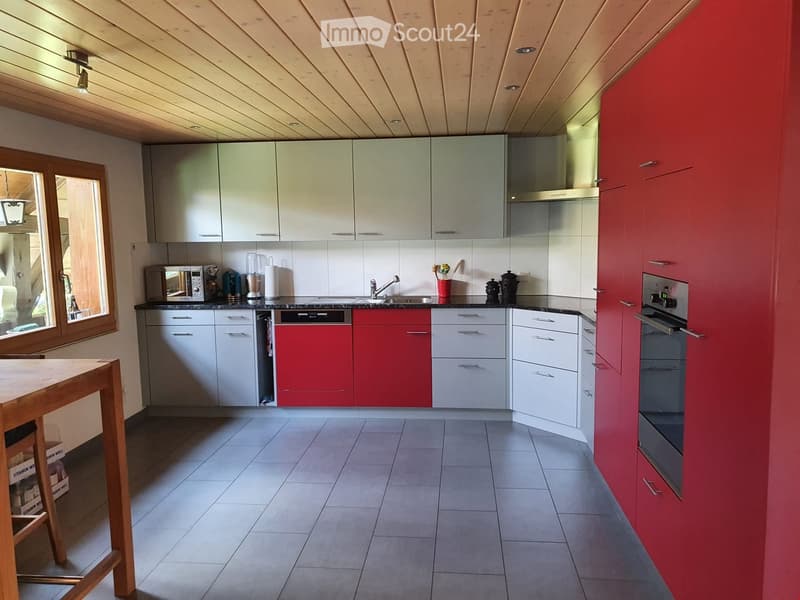 Modern kitchen with grey and red cabinets, stainless steel appliances, and a wooden dining table near the window.