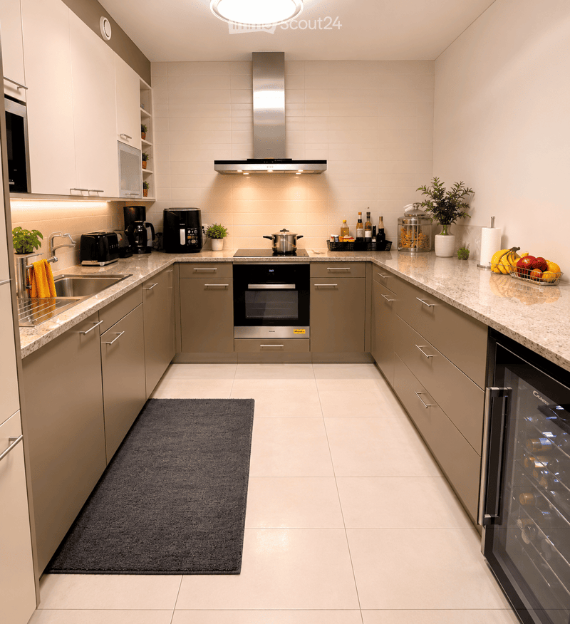 Modern kitchen with white cabinets, stainless steel appliances, marble countertops, and a central island. Features include a sink, coffee maker, toaster, blender, pot, wine rack, and a wine refrigerator.